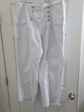 Ashley Stewart White High-Waist Straight Leg Pants with Button Front